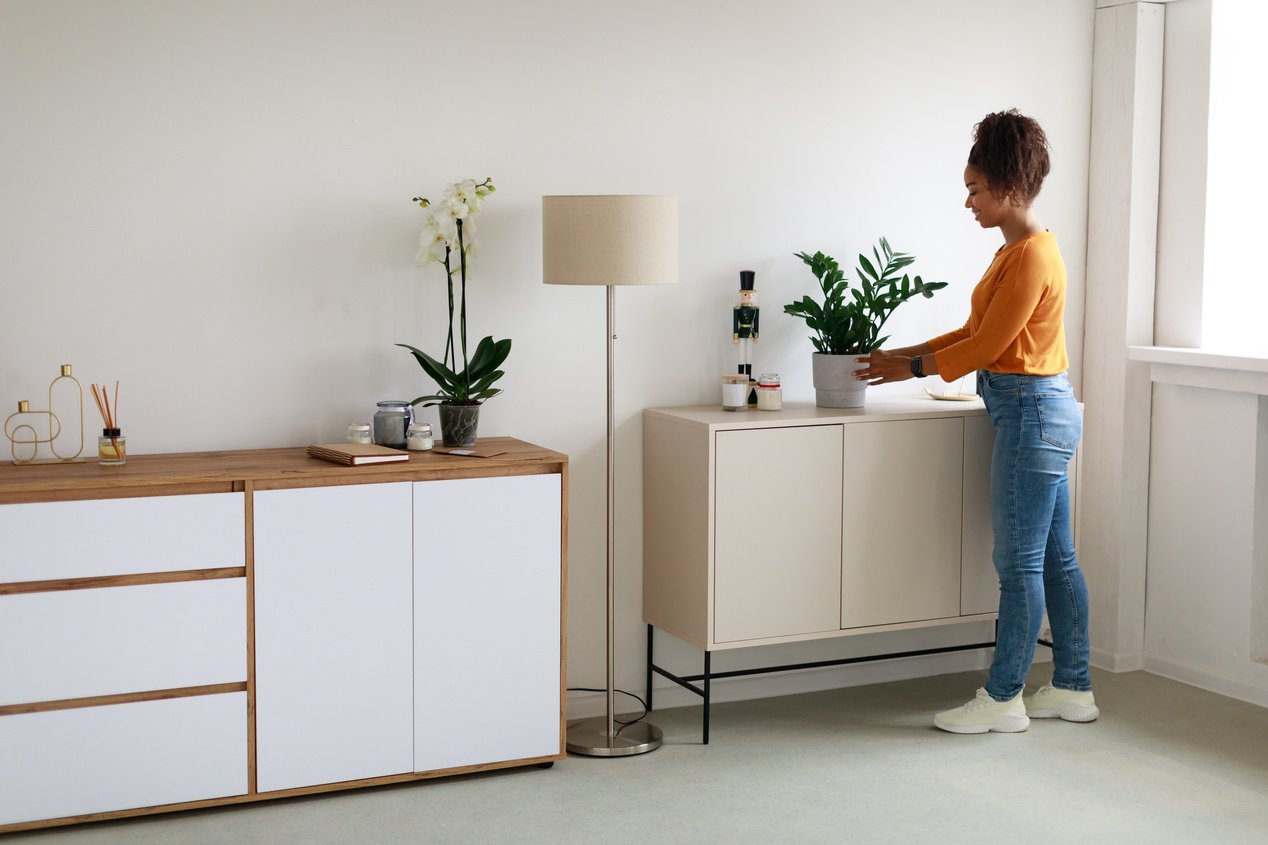 Black woman putting vase with plant on table